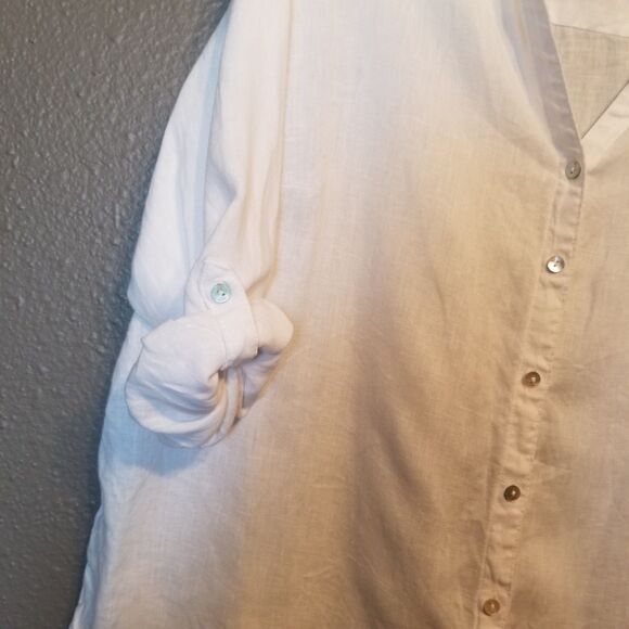 Sigrid Olsen 1X Top White 100% Linen Button Front V Neck Beach Coastal Lagenlook - Picture 3 of 9